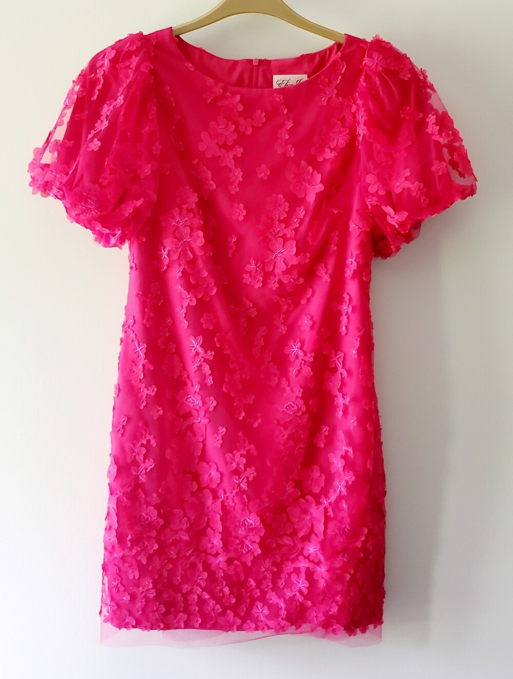ELIZA J Bright Pink Floral Appliqué Shift Dress Short Puffy Sleevs Mesh Overlay